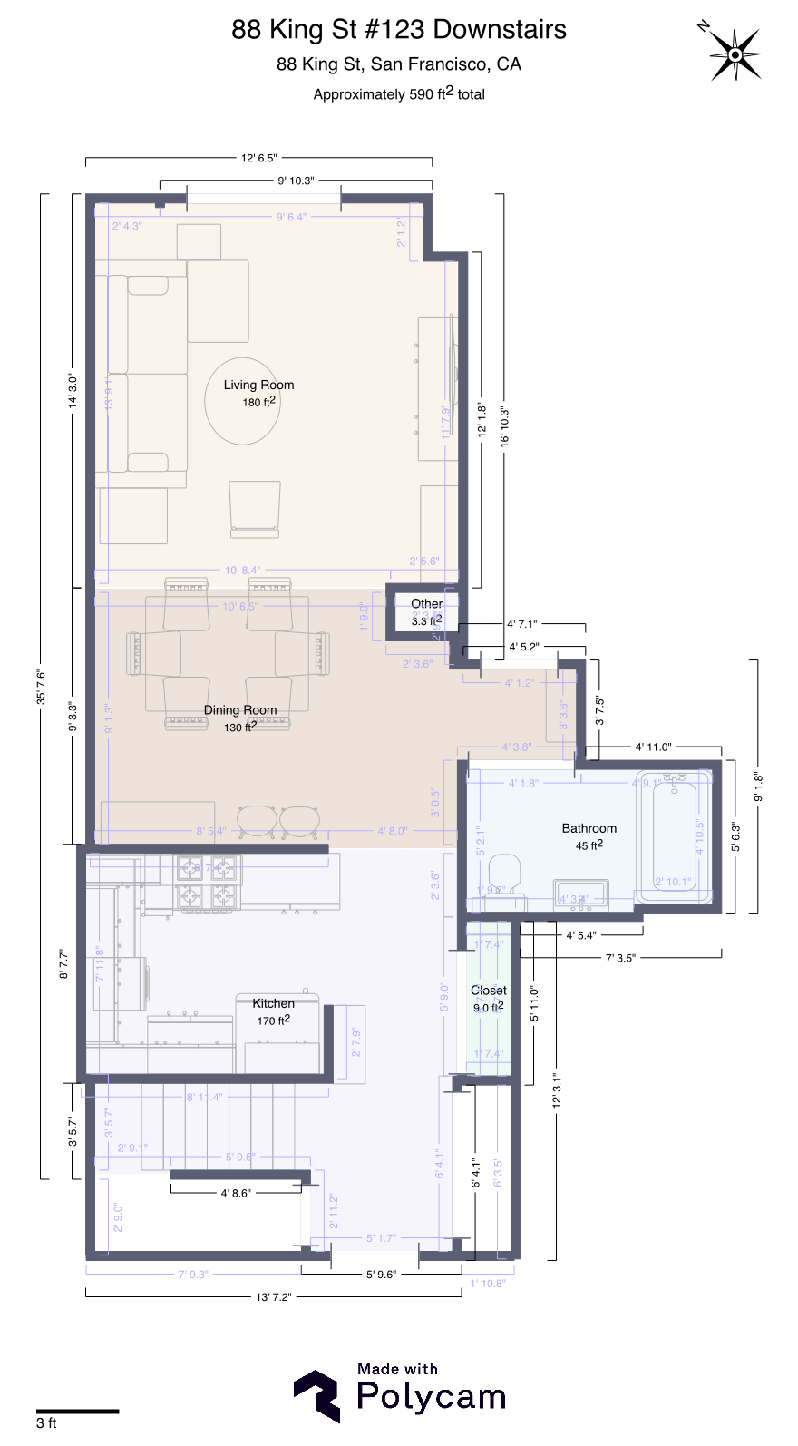 Downstairs floor plan — living room, dining room, and kitchen