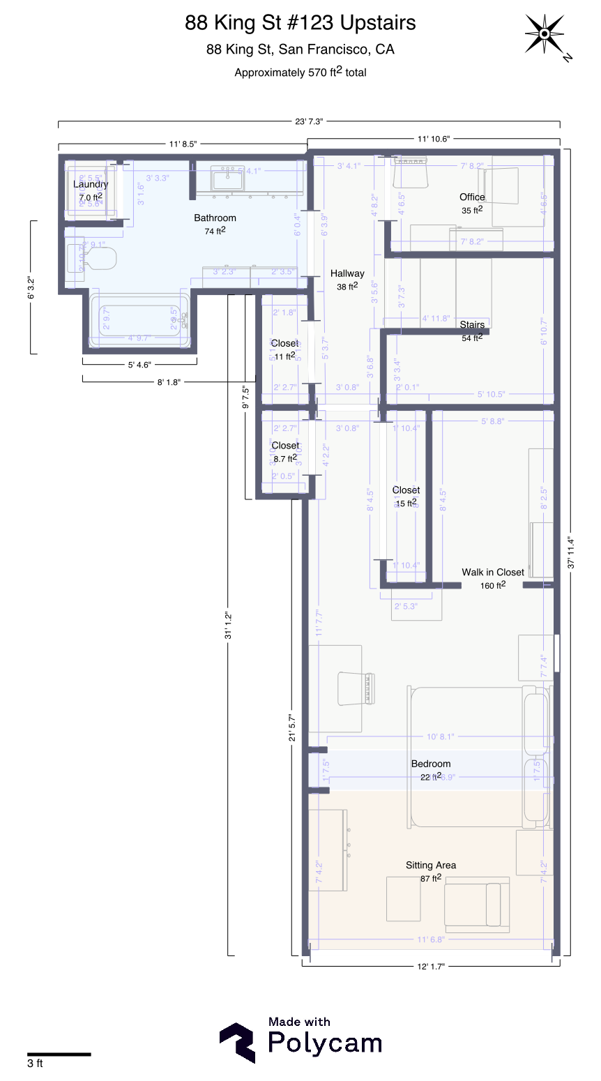 Upstairs floor plan — private bedroom, bathroom, closet, and office