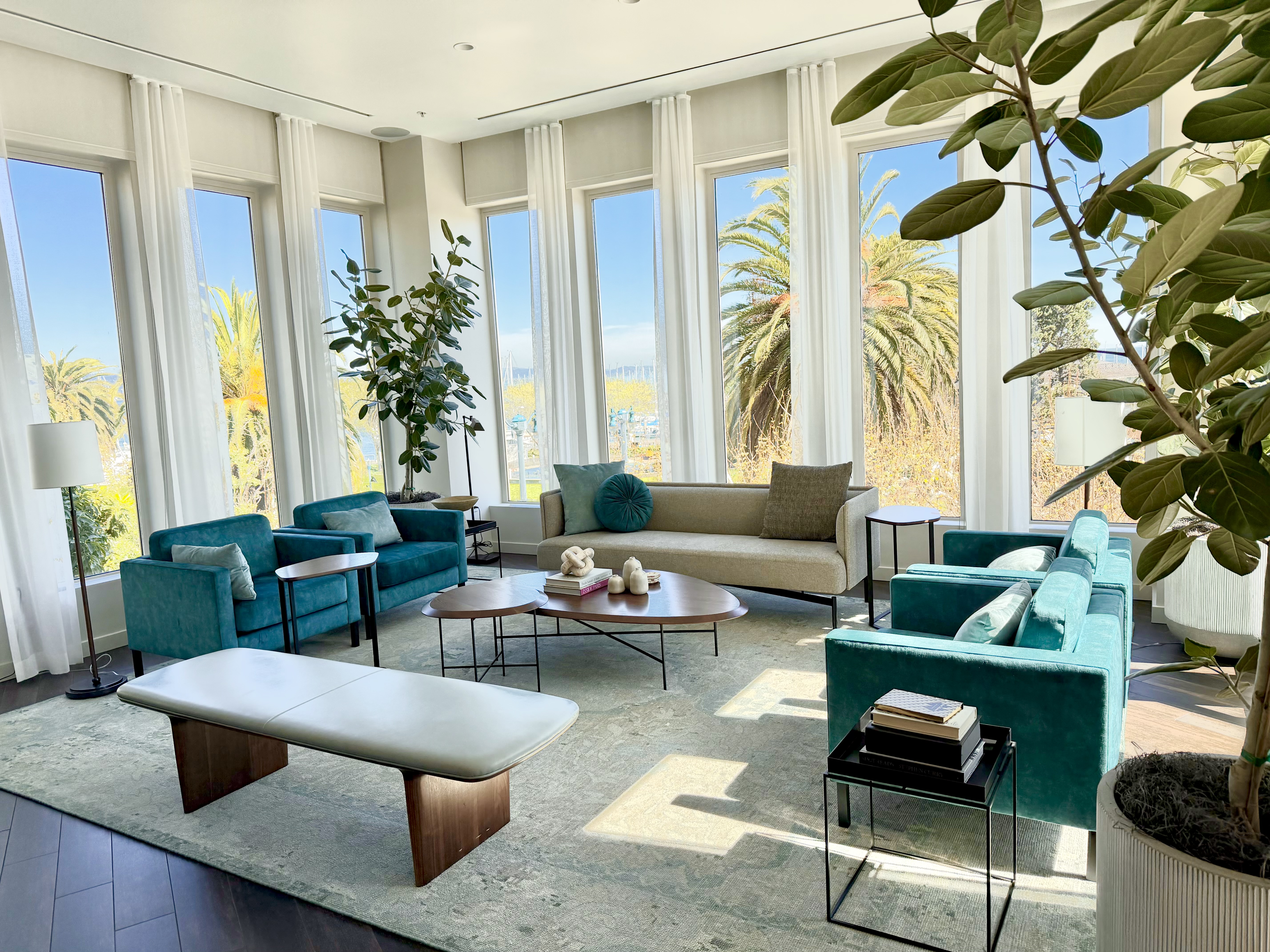 Lounge seating with palm tree views