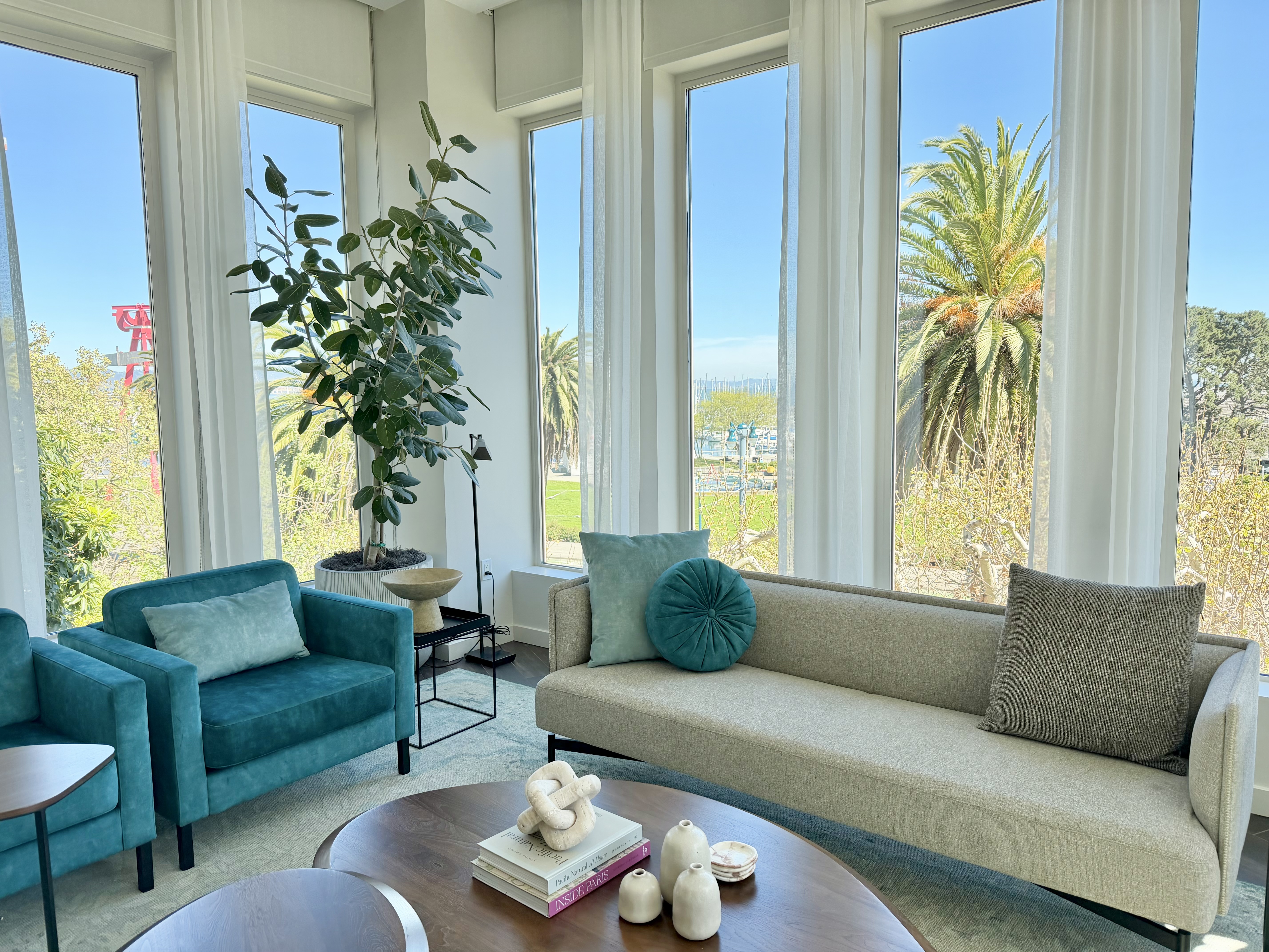 Corner lounge with floor-to-ceiling windows